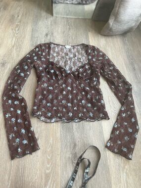 Kimchi Blue Floral Lace Top Brown Sheer Long Sleeve Lettuce Cut Blouse Small